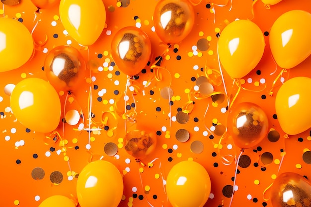 A bunch of balloons are on a orange background with gold dots.