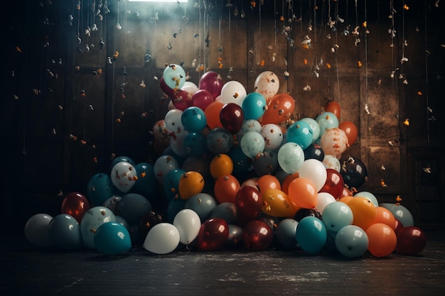 A bunch of balloons are scattered on a dark room with the words'birthday'on the bottom.