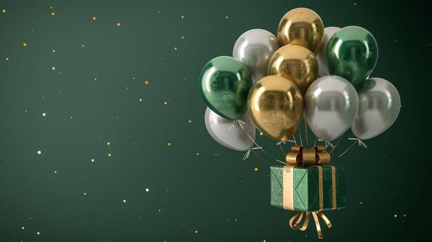 A bunch of balloons and a green box with a bow on top of it