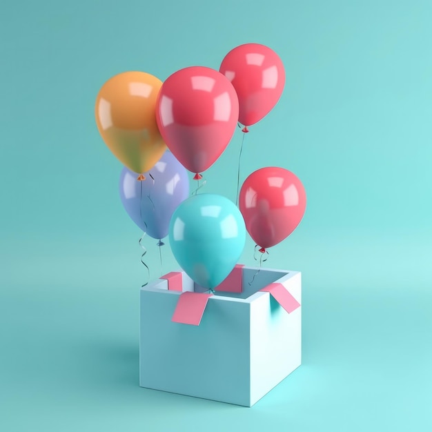 A bunch of balloons is in a blue box with a pink ribbon