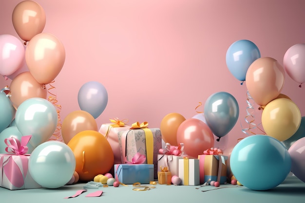 A bunch of balloons and presents on a pink background