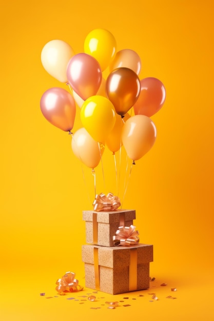 Bunch of balloons that are on top of block of wood on yellow background Generative AI