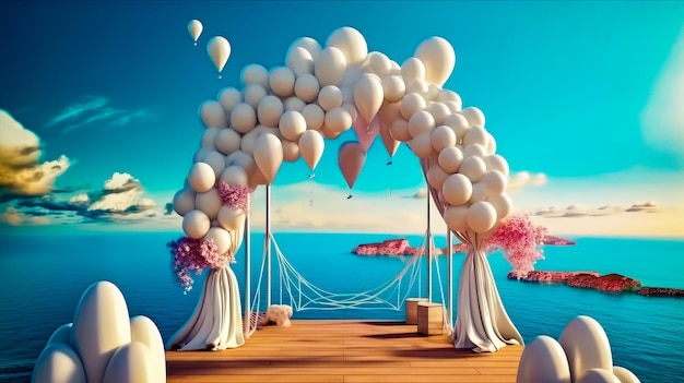 Bunch of balloons that are on wooden platform near the water with sky i Generative AI