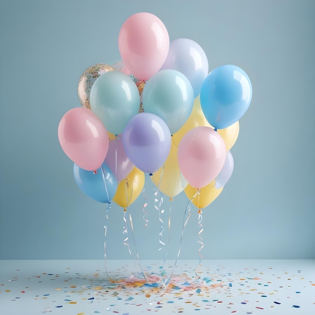 a bunch of balloons with a blue background and a yellow one with a number of numbers on the bottom