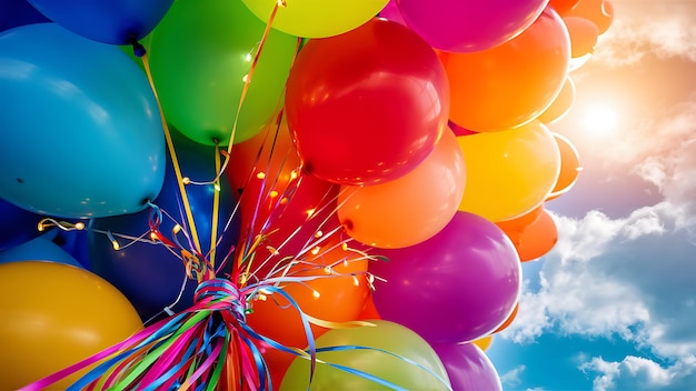 a bunch of balloons with a blue sky in the background