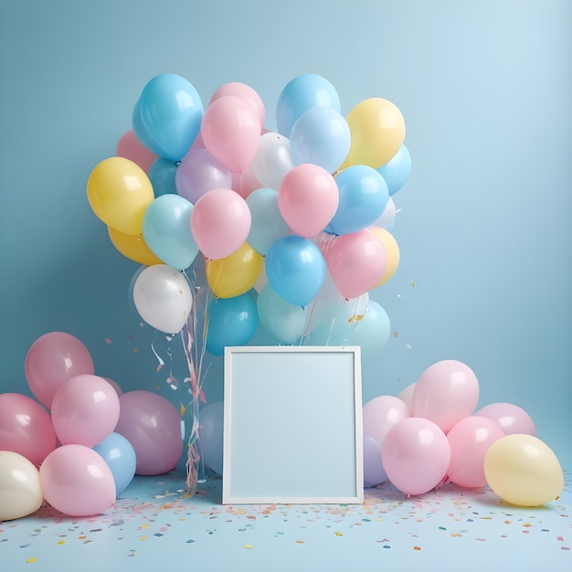 a bunch of balloons with a card in the middle of them that says  the picture is framed