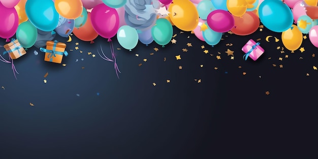 A bunch of balloons with confetti on a black background