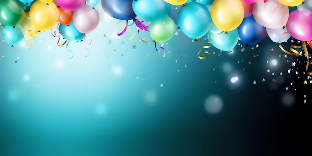 A bunch of balloons with confetti on a blue background