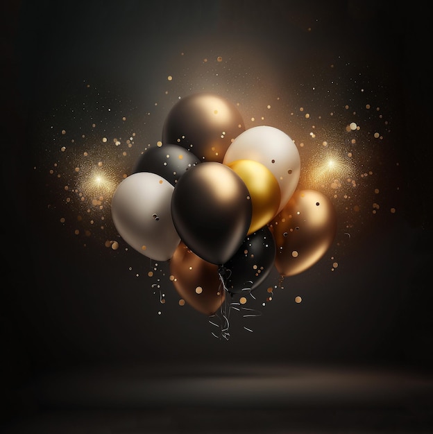 A bunch of balloons with gold and black and white on them.