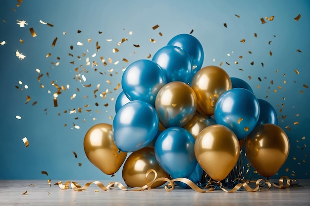 Photo a bunch of balloons with gold and blue balloons on a table