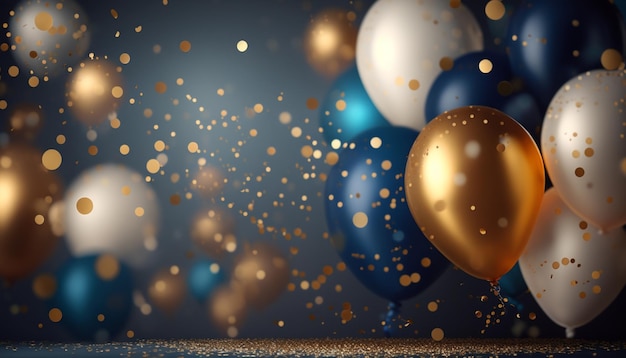 A bunch of balloons with gold and blue glitter in the background