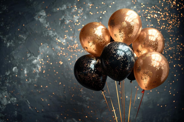 Photo a bunch of balloons with gold glitter and a black background