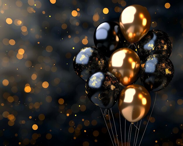 Photo a bunch of balloons with gold glitter and a black background