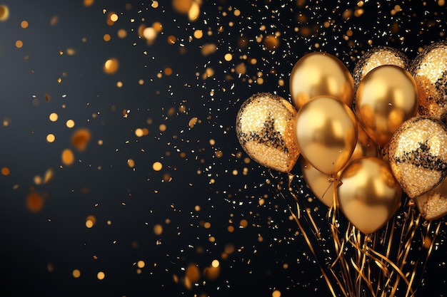 a bunch of balloons with gold and gold glitter on a black background