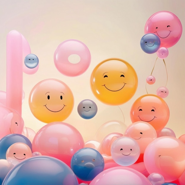 a bunch of balloons with one that says happy face on the bottom