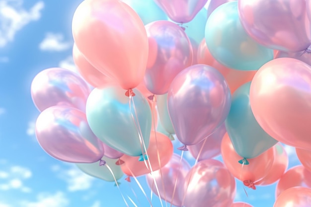 A bunch of balloons with pink, blue and green colors are in the sky.