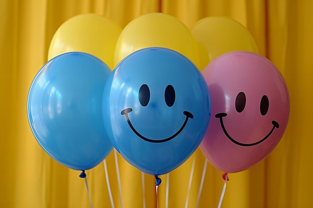 a bunch of balloons with smiley faces on them with a yellow background