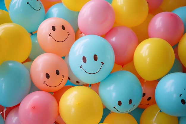 A bunch of balloons with smiling faces on them