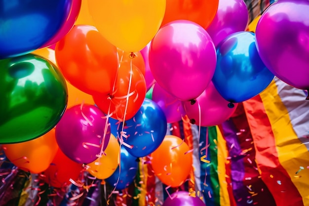 A bunch of balloons with the word happy birthday on the bottom