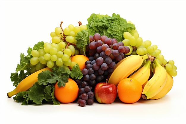 a bunch of bananas grapes and bananas are on a white background