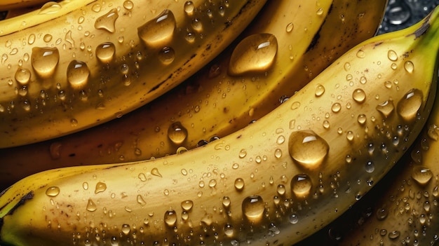 A bunch of bananas with water drops on them