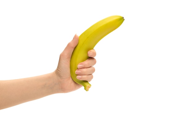 A bunch of bananas in woman hand isolated on a white background