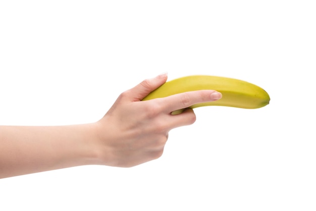 A bunch of bananas in woman hand isolated on white background