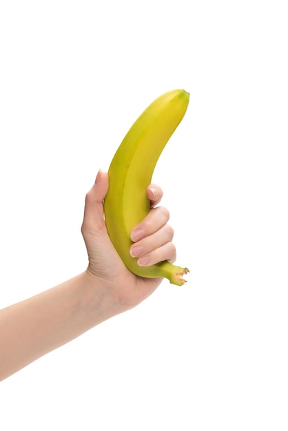 A bunch of bananas in woman hand isolated on white background