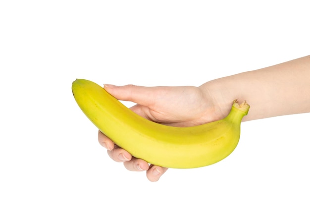 A bunch of bananas in woman hand isolated on white background