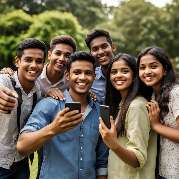 A bunch of bangladeshi friends taking selfie on low angle