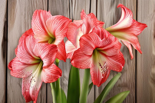 Bunch of beautiful amaryllis flowers on wooden background