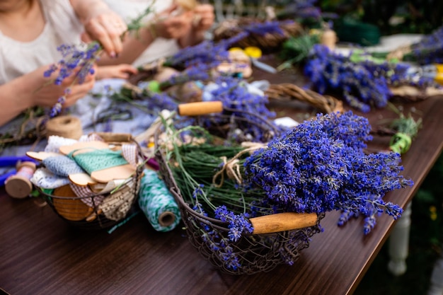 Bunch of beautiful lavender in metal basket