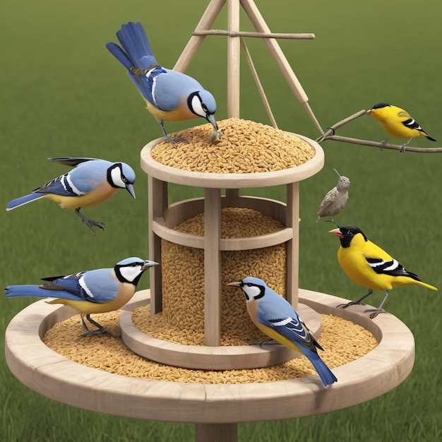 a bunch of birds are on the ground and one of them is eating from a bowl of rice