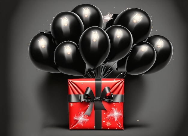 bunch of black balloons with red gift box isolated on black Friday concept white