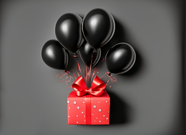 bunch of black balloons with red gift box isolated on black Friday concept white