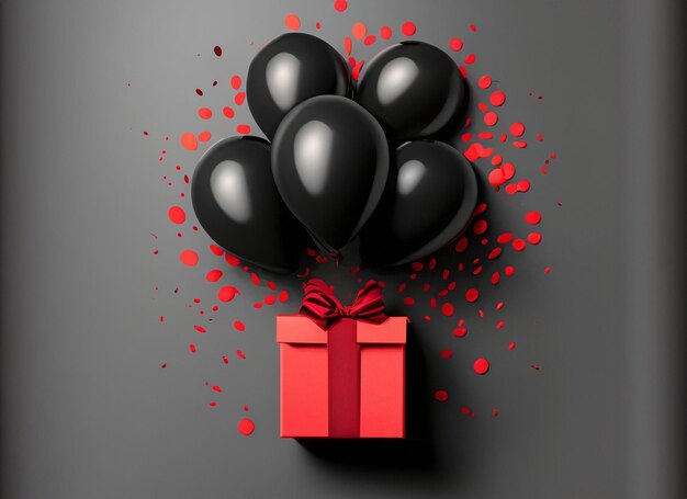 bunch of black balloons with red gift box isolated on black Friday concept white