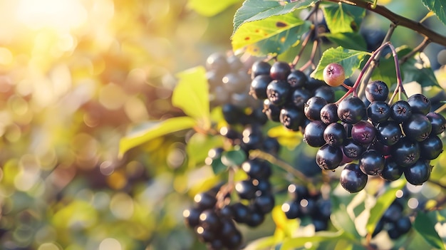 a bunch of black berries on a branch Trees with Black Ripe Fruit in the