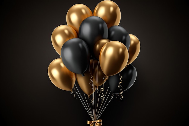 A bunch of black and gold balloons with a gold ribbon tied to the bottom.