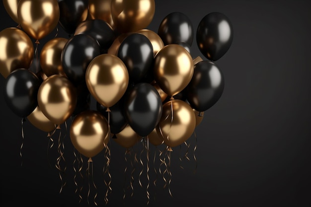 A bunch of black and gold balloons with the number 10 on the bottom.