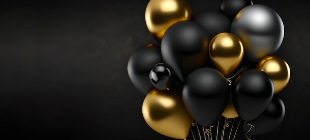 Bunch of black and golden balloons on dark background Party decoration Generative AI