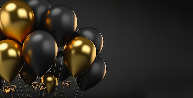 Bunch black and golden balloons on dark background Party decoration Generative AI