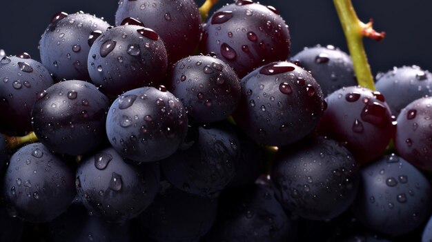 Bunch of black grapes with drops of water