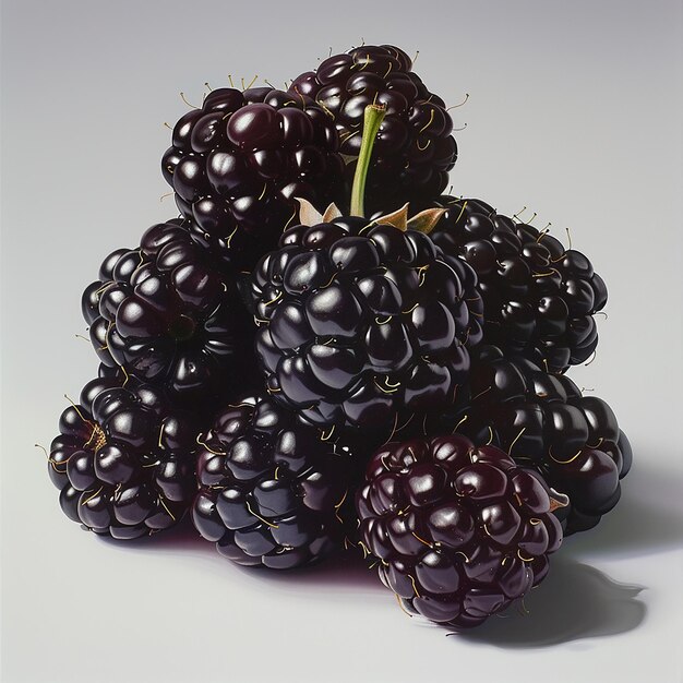 a bunch of black raspberries with a green stem