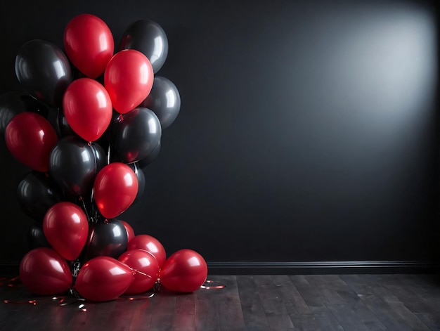 A Bunch Of Black And Red Balloons On A Wooden Floor