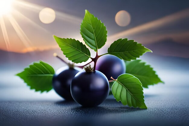 A bunch of blackberries with green leaves on a blue background