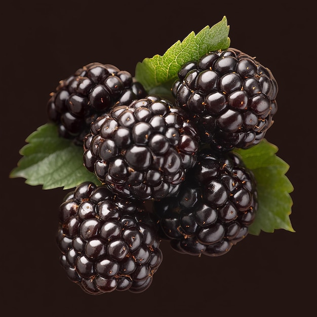 Photo a bunch of blackberries with green leaves and a brown background