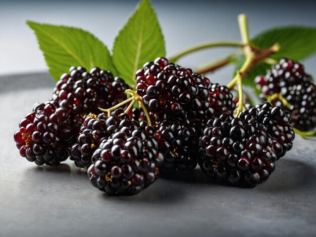 a bunch of blackberries with green leaves on a table