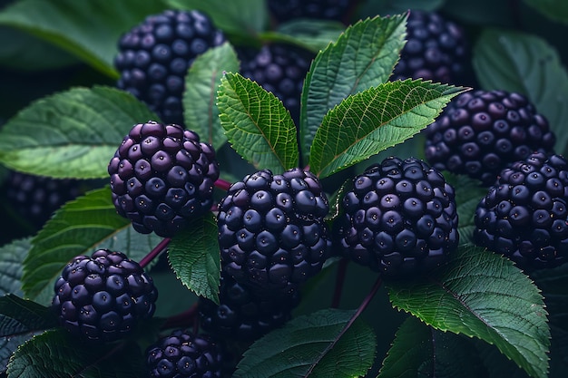 a bunch of blackberries with green leaves on a white background