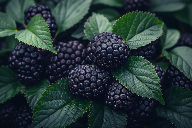 Photo a bunch of blackberries with green leaves on a white background