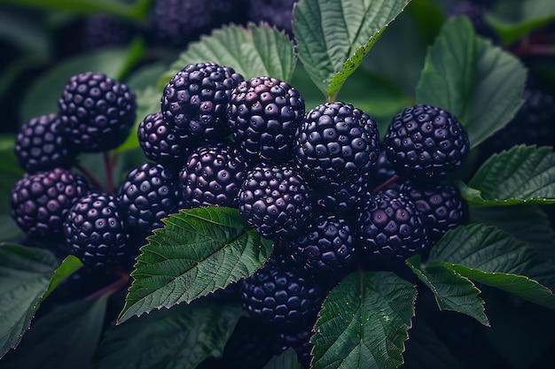 Photo a bunch of blackberries with green leaves on a white background